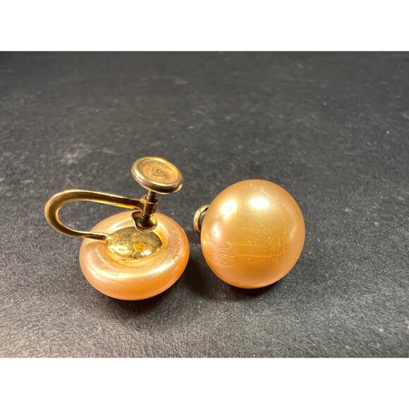 Vintage MCM 10K Gold Golden Faux Pearl Screw Back Earrings